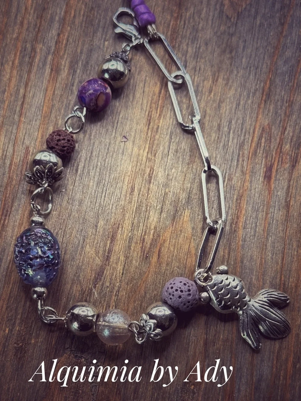 Silver-Tone anklet Bracelet with Purple stones Beads and Fish Charm